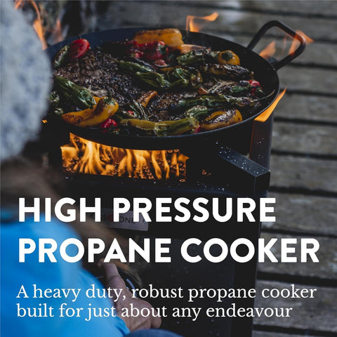 B5350A Propane Burner Cooker Heavy Duty Outdoor Stove with food cooking on top, showing adjustable regulator and flames.