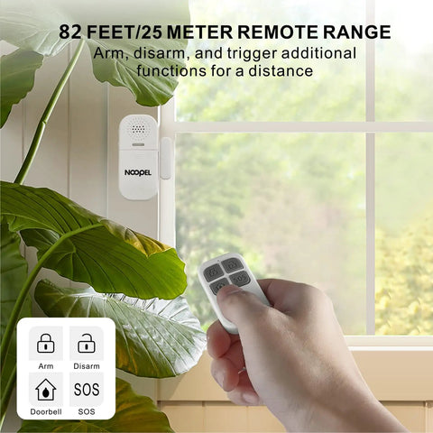 Hand holding remote with Two Pack Door Alarms For Kids Safety With 130dB Window Sensor Alarm And Remote mounted on window.