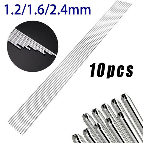 Pro Grade Silver Stainless Steel Welding Rods Set, 10 pcs, 1.2mm, 1.6mm, 2.4mm sizes, for professionals and DIYers, brazing quality
