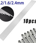 10 Pcs Pro Grade Stainless Steel Welding Rod Set for DIY Repairs in 1.2mm, 1.6mm, 2.4mm shown against black background