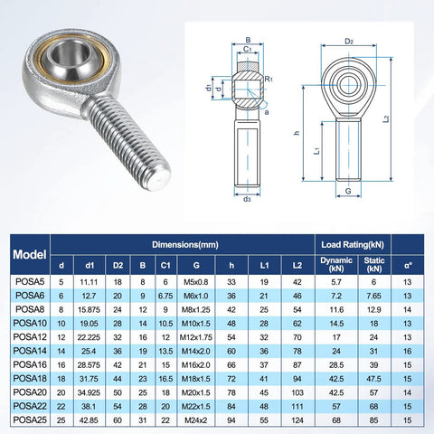 2 Pack POSA10 Rod End Bearing M10x1.5 Right Thread Self Lubricating Steel Joint With Jam Nuts for Forging Machines CNC Equipment Automation Steering Linkages and Heavy Machinery, POSA10 size diagram