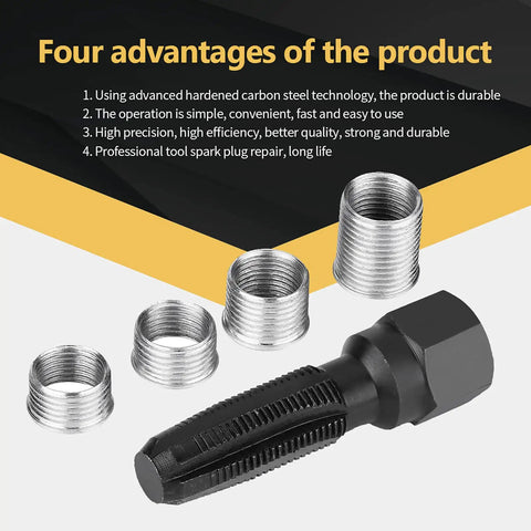 Pro Grade Carbon Steel Plug Tap Set For 14mm x 1.25 Thread Repair With Four Inserts in black and silver