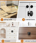 Black Table Leaf Latch Lock Hardware Kit With Mounting Screws For Folding Dining Tables shown on dining table and cabinet doors.