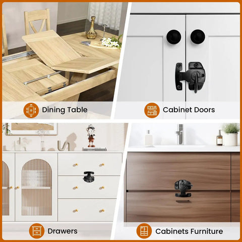 Black Table Leaf Latch Lock Hardware Kit With Mounting Screws For Folding Dining Tables shown on dining table and cabinet doors.