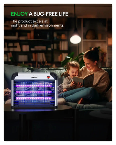 Indoor Bug Zapper With 3 Long Life LED Bulbs Energy Saving Mosquito Killer That Attracts With Dual Wavelength LEDs High Voltage Electric Fly Trap Fly Killer For Home Quiet Powerful Pest Zapper MA009 on table in cozy living room scene