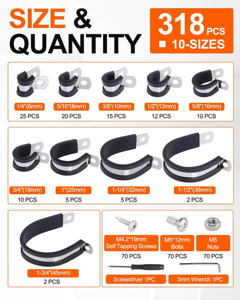 Pro Grade Cable And Pipe Clamps Kit With 304 Stainless Cushioned Clamps In 10 Sizes From Quarter Inch To One And A Half Inch Includes Screws