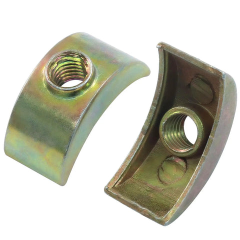 M6 Half Moon Nuts 12 Pack, 5mm Hole Diameter, Top Shelf Alloy Steel Fasteners With Rust Resistant Coating, Rock Solid hardware showing two half moon nuts.