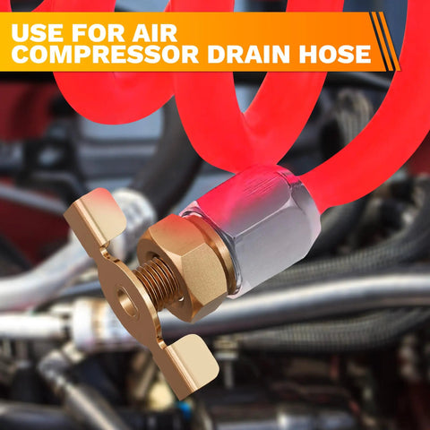 1/4 NPT Brass Air Compressor Drain Valve With Hand Turn Handle Moisture Drain Petcock attached to red hose