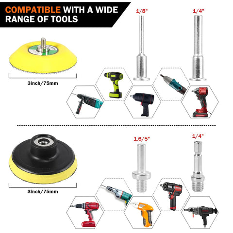 All In One 3 Inch Sanding Disc Polishing Kit with drill compatibility and various adapters displayed.
