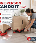 One Person Move Kit With Heavy Duty Appliance Lifter And Wheeled Furniture Sliders lifting wooden cabinet, easy solo operation.