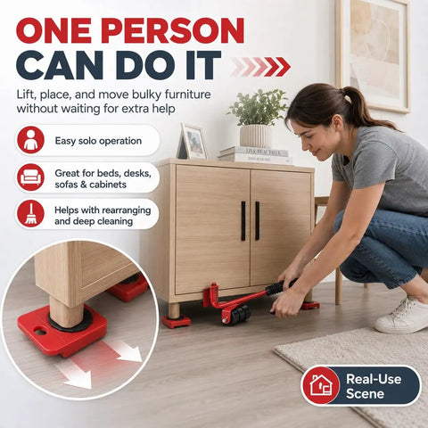 One Person Move Kit With Heavy Duty Appliance Lifter And Wheeled Furniture Sliders lifting wooden cabinet, easy solo operation.