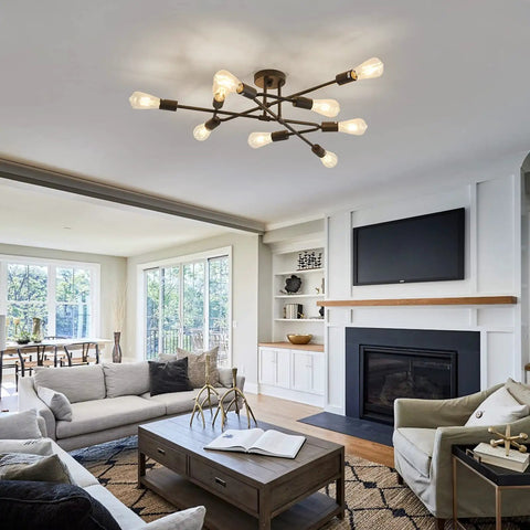 Living room view with Black Semi Flush Mount Ceiling Light Fixture With 9 Lights, cozy and modern ambience.