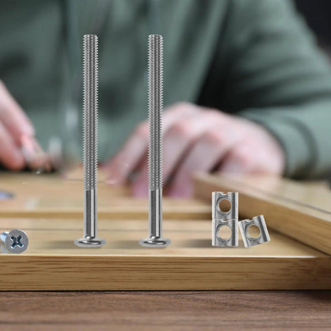 Nickel Plated Flat Head Hex Socket Frame Bolts And Furniture Screws Replacement Hardware Kit with assorted lengths on table.
