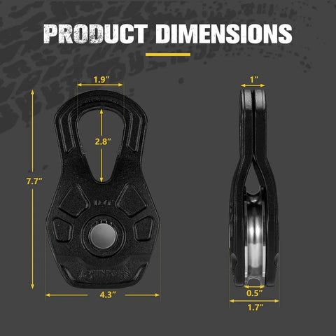 Beefy 10 Ton Winch Snatch Block For Offroad Recovery And Towing, 22,000 Lb Capacity Pulley For Synthetic Rope Or Steel Cable, Heavy Duty Winch Accessory Built To Withstand Rough Trails On Trucks Tractors ATVs And UTVs. product dimensions diagram, black forged steel snatch block with 4.3 inch width