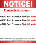 Notice about fitment for 2014-2023 Ram Promaster 1500, 2500, 3500 models. Proper torque specification is advised.