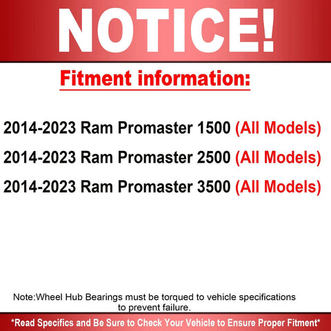 Notice about fitment for 2014-2023 Ram Promaster 1500, 2500, 3500 models. Proper torque specification is advised.