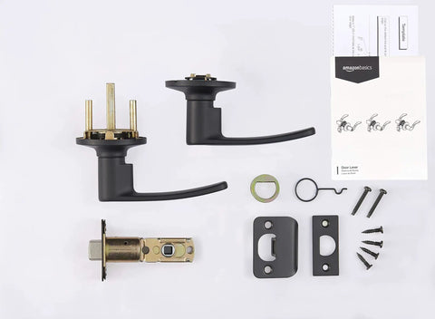 Matte Black Passage Door Lever With Reversible Handle, No Fuss Install, Fits 1 3/8 To 1 3/4 Inch Doors, 6 Way Adjustable Latch For 2 3/8 Or 2 3/4 Backset, ANSI Grade 3 Security components on display.