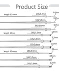 Product size chart for No Fuss Easy Change Piercing Taper Ball Grabber Tool Set For Switching 12G 14G 16G 18G 20G jewelry tools.