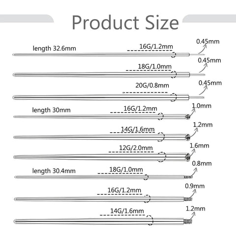 Product size chart for No Fuss Easy Change Piercing Taper Ball Grabber Tool Set For Switching 12G 14G 16G 18G 20G jewelry tools.
