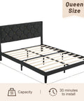 Queen Size Platform Bed Frame With Velvet Upholstered Headboard Featuring Modern Rivet Grid Pattern And High Density Foam, profile view with measurements