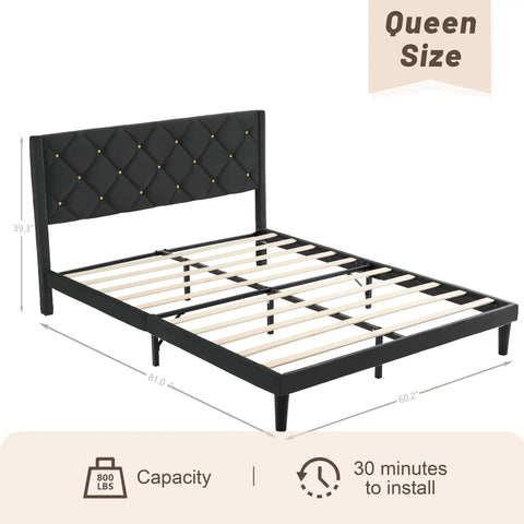 Queen Size Platform Bed Frame With Velvet Upholstered Headboard Featuring Modern Rivet Grid Pattern And High Density Foam, profile view with measurements