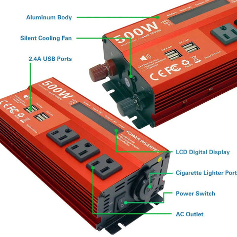500W Continuous Power Inverter For Vehicles From 12V To 110V AC With 3 AC Outlets And 4 USB 2.4A Quick Charge Ports Plus A Cigarette Lighter Adapter