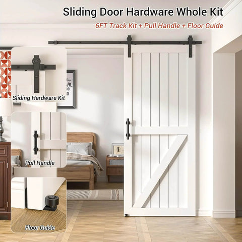 Heavy Duty Sliding Barn Door Hardware Kit With 6 Ft Track, Floor Guide And Pull Handle Set For 34 To 36 Inch Doors installed view