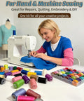 Woman using sewing machine with Go-To 90 Piece Sewing Thread Kit With Prewound Bobbins For Hobby Sewists 36 Color Polyester Spools.