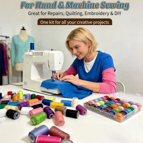 Woman using sewing machine with Go-To 90 Piece Sewing Thread Kit With Prewound Bobbins For Hobby Sewists 36 Color Polyester Spools.