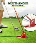 Three Hole Golf Alignment Stick Holder With Tri Grip Tripod Base And 3 Metal Alignment Sticks In Different Colors in use on grass