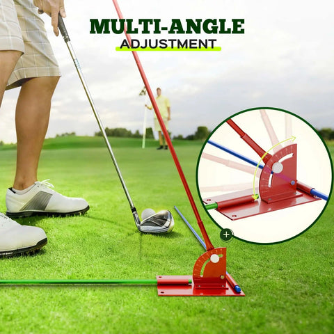 Three Hole Golf Alignment Stick Holder With Tri Grip Tripod Base And 3 Metal Alignment Sticks In Different Colors in use on grass