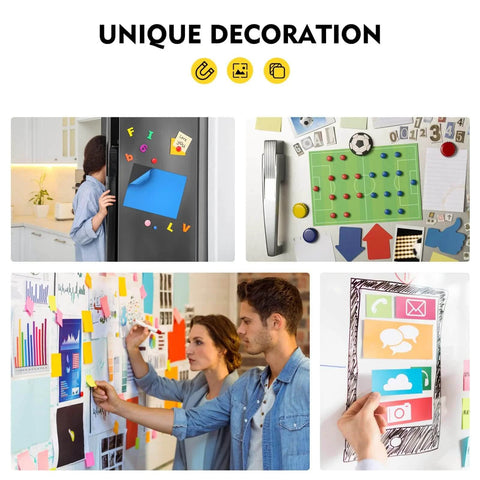 Collage of 8 By 10 Inch Adhesive Magnetic Sheets, 15 Pack used for fridge, crafts, and bulletin board organization in various settings