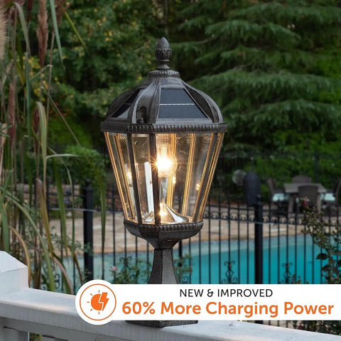 Baytown Solar Outdoor Light With Pole Pier And Wall Mount Kit features black finish and LED light near a poolside.