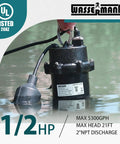 One Half HP Submersible Sewage Pump With Auto Float Switch 115V Cast Iron 5300 GPH 23 Ft Head 2 Inch NPT Discharge 10 Ft Cable No Nonsense Basement Sump Drainage in water