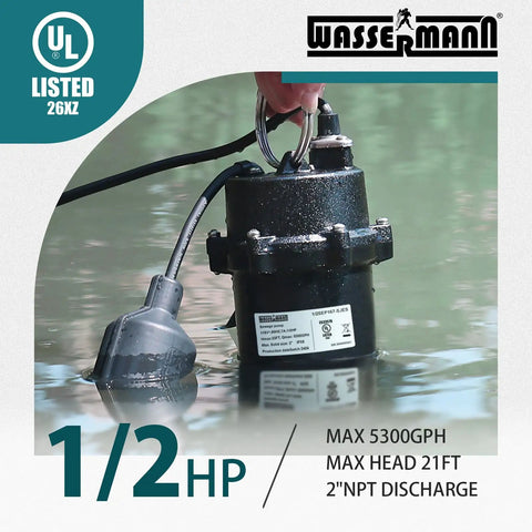 One Half HP Submersible Sewage Pump With Auto Float Switch 115V Cast Iron 5300 GPH 23 Ft Head 2 Inch NPT Discharge 10 Ft Cable No Nonsense Basement Sump Drainage in water