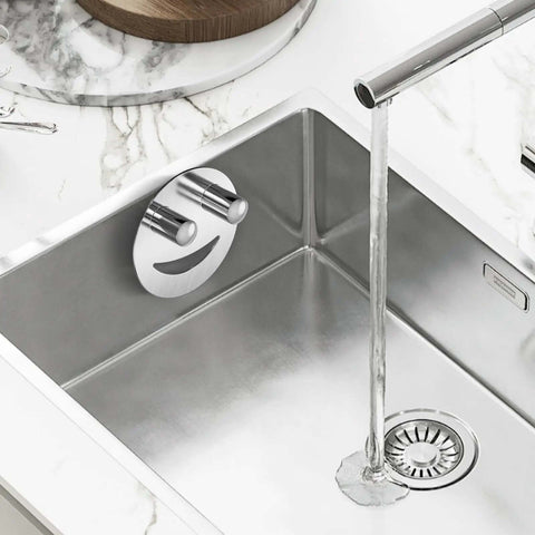 Smiley Face Stainless Steel Dish Sponge Holder With Suction Cup Silver Sink Caddy Organizer Storage in a modern kitchen sink