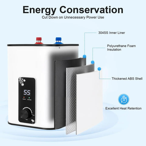Ditch The Cold Water Wait Under Sink Electric Mini Tank Water Heater 8 Liters 1500 Watt with energy-efficient insulation features.