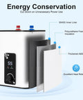 Under Sink Water Heater 1 76 Gallon Mini Tank Electric Unit That Skips The Wait And Keeps Things Running Smooth For Your Daily Kitchen Sink Or Bathroom Needs showcasing energy conservation features, 304SS liner, and ABS shell.