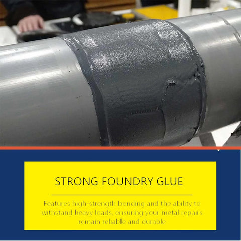 Two-pack strong foundry glue for metal; dark gray epoxy adhesive applied around a metal pipe joint.