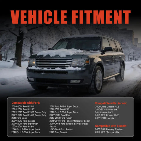 Vehicle fitment list for Fuel Pump Relay Module Replacement For Ford E Series F Series Flex Transit 150 250 350 350HD And Lincoln MKS MKX MKZ MKT 2009 2019 Compatible AA8Z9345A on snowy road image