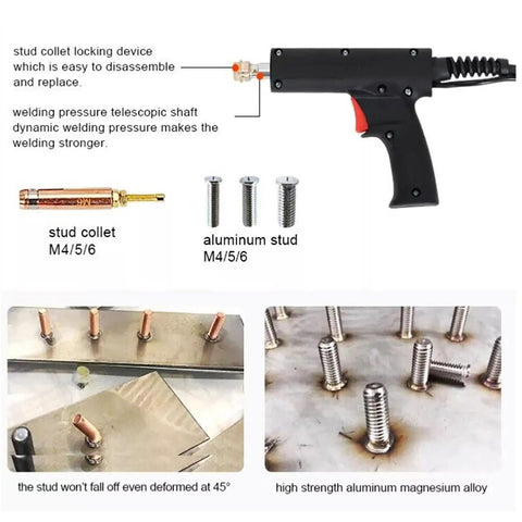 Beefy Steel And Aluminum Dent Pulling Machine and 110V Spot Welding Stud Welder Kit with stud collet and aluminum studs M4/M5/M6