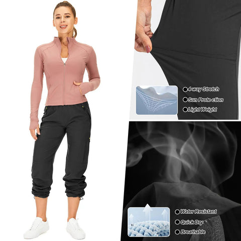Women's Hiking Cargo Pants With Quick Dry Fabric And UPF 50 Protection shown with four-way stretch and breathability details.