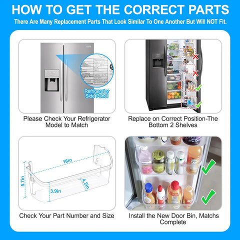 Instructional image showing fridge door bin installation, size check of Two Pack Refrigerator Door Bin Shelf Replacement Upgraded Durable