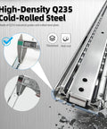 Bulletproof Heavy Duty Full Extension Ball Bearing Drawer Slides One Pair 20 Inch Thick Steel Cabinet Runners close up of Q235 steel and measurements.