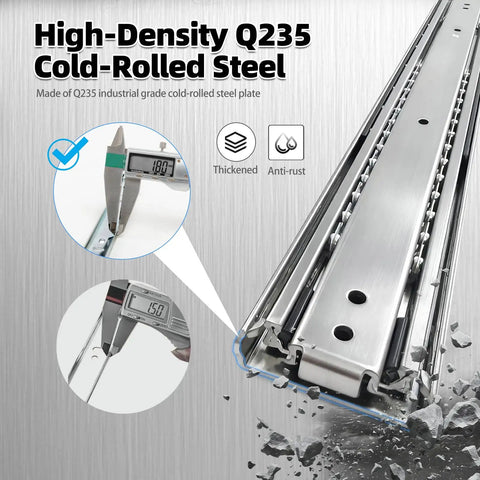 Bulletproof Heavy Duty Full Extension Ball Bearing Drawer Slides One Pair 20 Inch Thick Steel Cabinet Runners close up of Q235 steel and measurements.