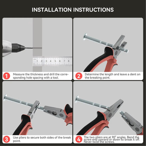 Installation instructions for Ten Pack Brushed Nickel Square Cabinet Knobs For Dresser Drawers Zinc Alloy Construction Length One And One Tenth Inch Projection Three Quarters Inch Silver MO6785SNB Kitchen Cabinet Knobs Modern Style, showing steps with drill, pliers, ruler, fixing procedure.