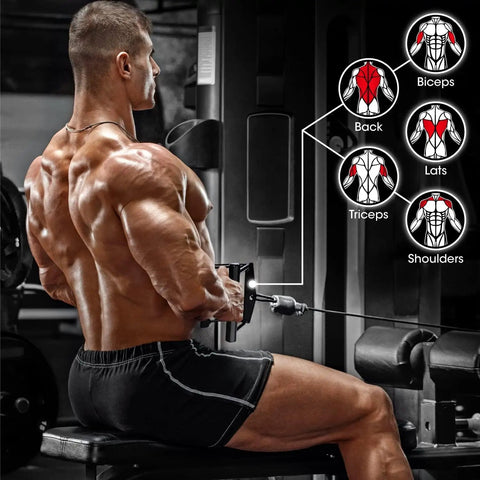 Man using Heavy Duty Knurling Black Double D Cable Row Handle With 880 Lb Capacity for back and shoulder workouts at gym