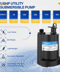Submersible Water Pump 1/6 HP Sump Pump Thermoplastic Utility Pump Workhorse 1760 GPH product details and features.