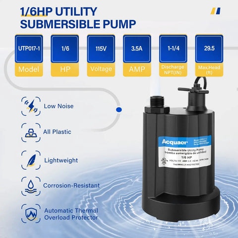 Submersible Water Pump 1/6 HP Sump Pump Thermoplastic Utility Pump Workhorse 1760 GPH product details and features.