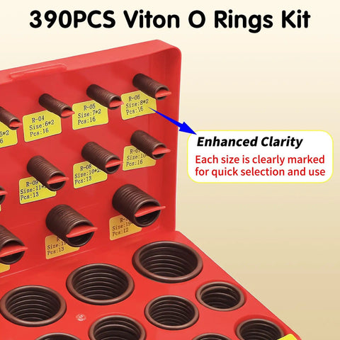 Viton O Ring Kit 390 Piece Set With 30 Sizes Metric Assortment organized in red box, labeled compartments visible